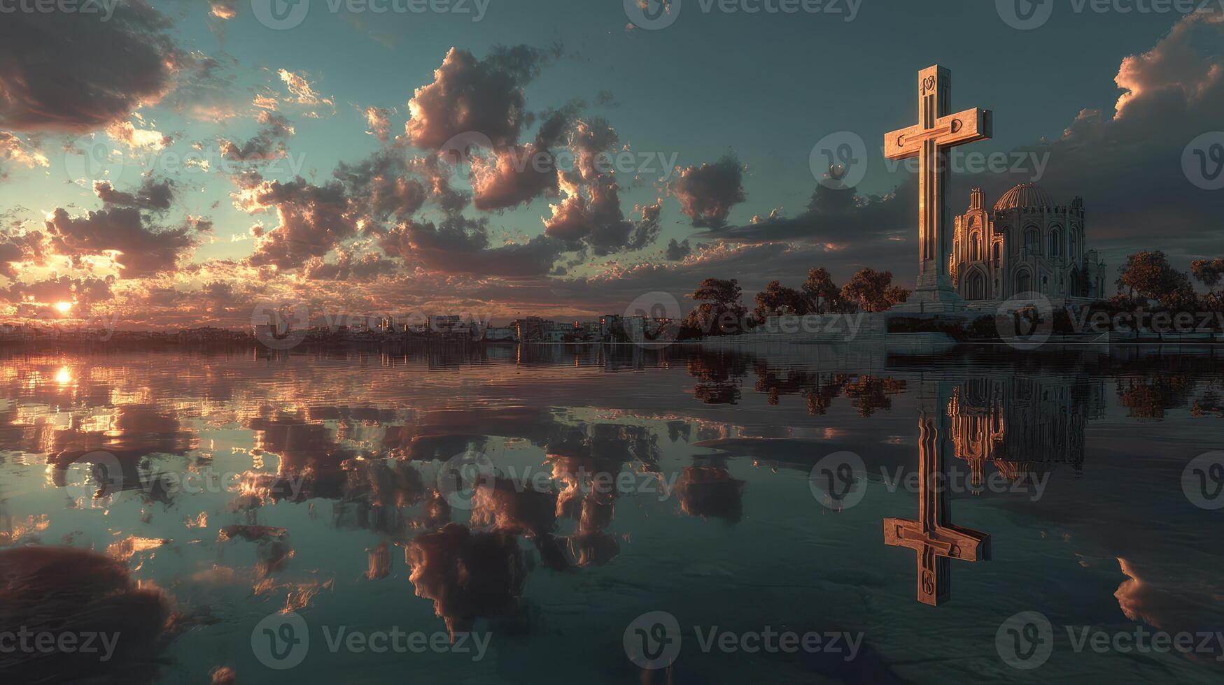 Stunning sunset reflects on calm water near an impressive cross in a serene landscape photo
