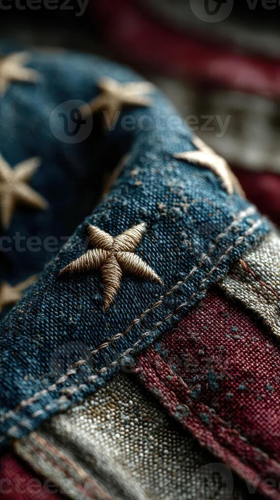 Close-up of detailed embroidery on a flag with stars and stripes displayed on fabric, emphasizing craftsmanship and textile textures photo