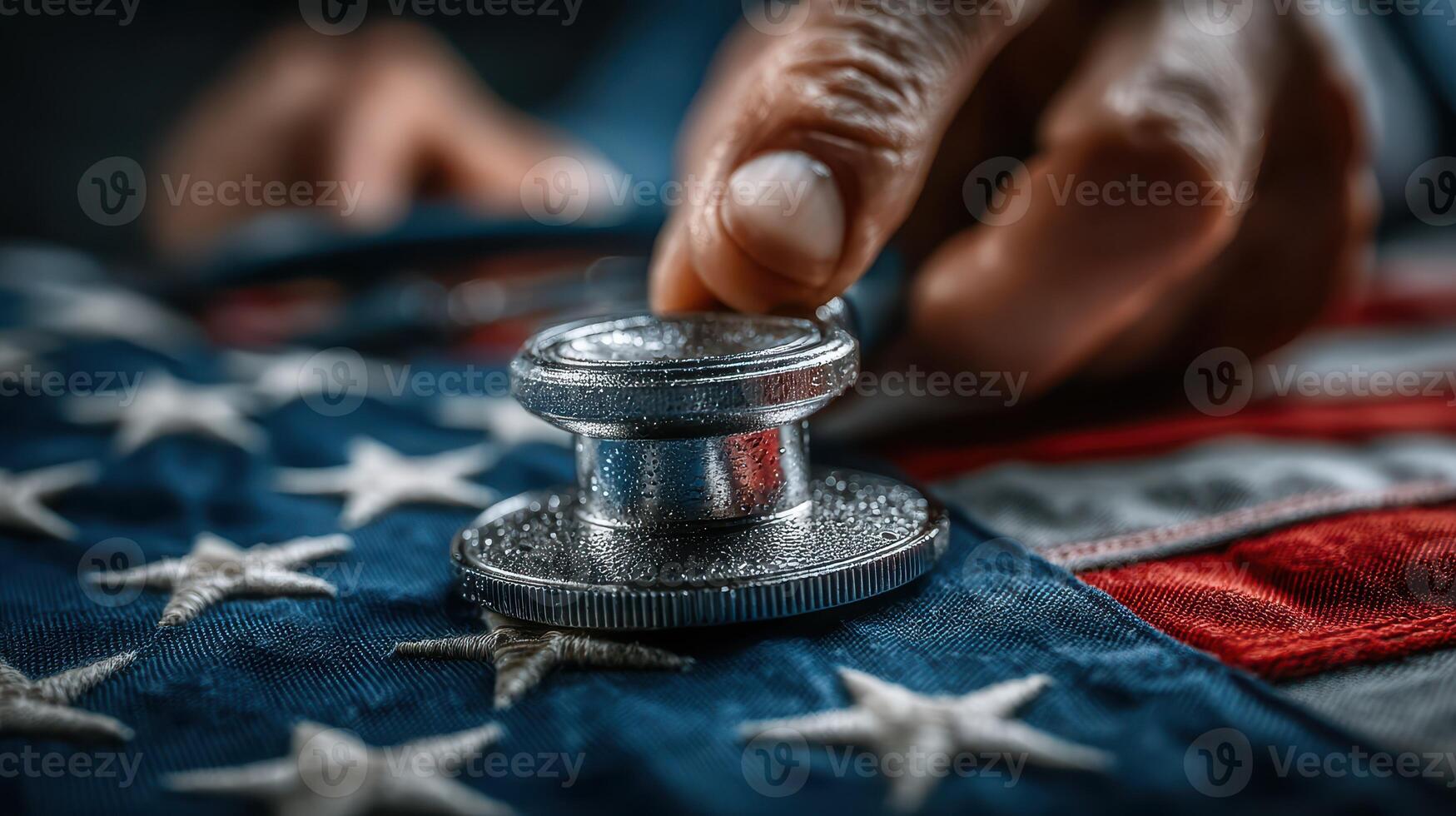 Hand placing a silver seal on a folded American flag during a ceremony honoring veterans in a solemn indoor setting photo