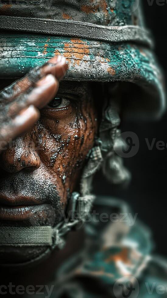 Soldier salutes with camouflage face paint during a military drill in a forested environment photo
