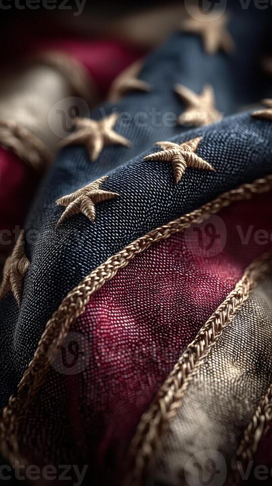 Close-up view of a weathered American flag showcasing its rich colors and intricate stitching details photo