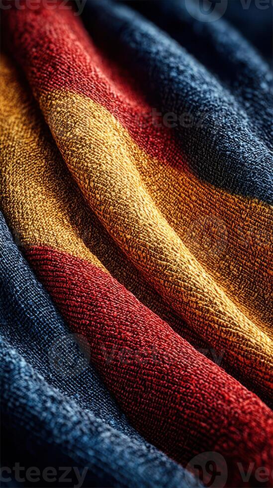 Textured fabric in vibrant colors showcases intricate patterns and a rich blend of shades for interior design inspiration photo