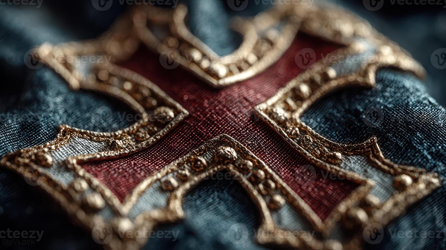 Detailed close-up of a decorative cross emblem on fabric showcasing intricate design and texture photo