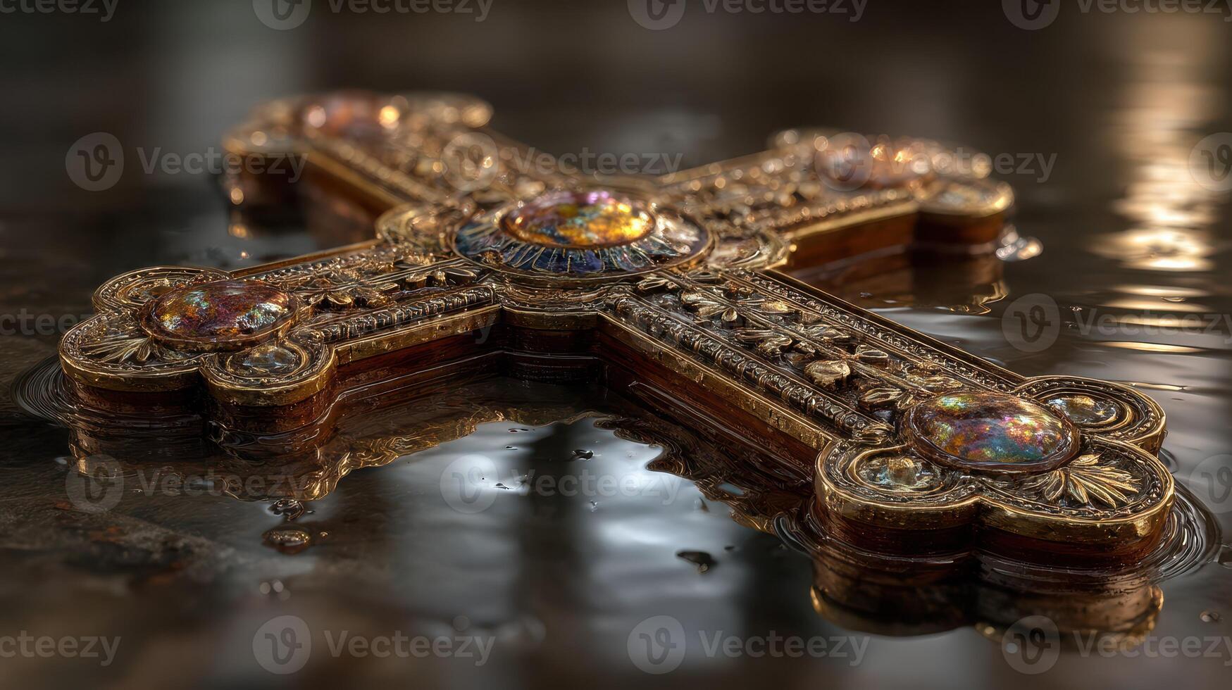 Ornate cross reflecting in shallow water at a dimly lit setting during peaceful moment of contemplation photo