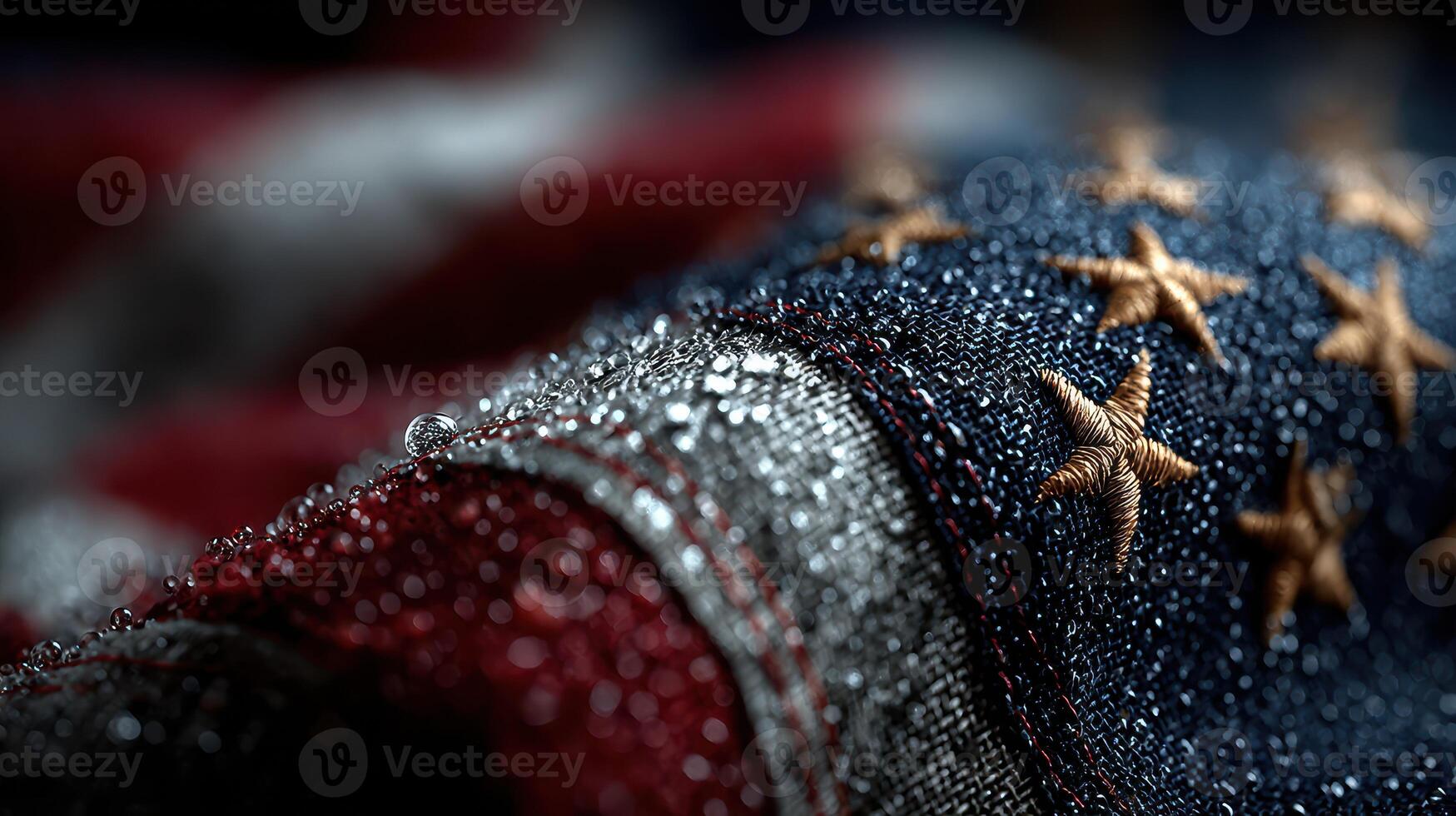 Detailed view of an American flag with droplets highlighting its textures and colors during a calm morning light photo