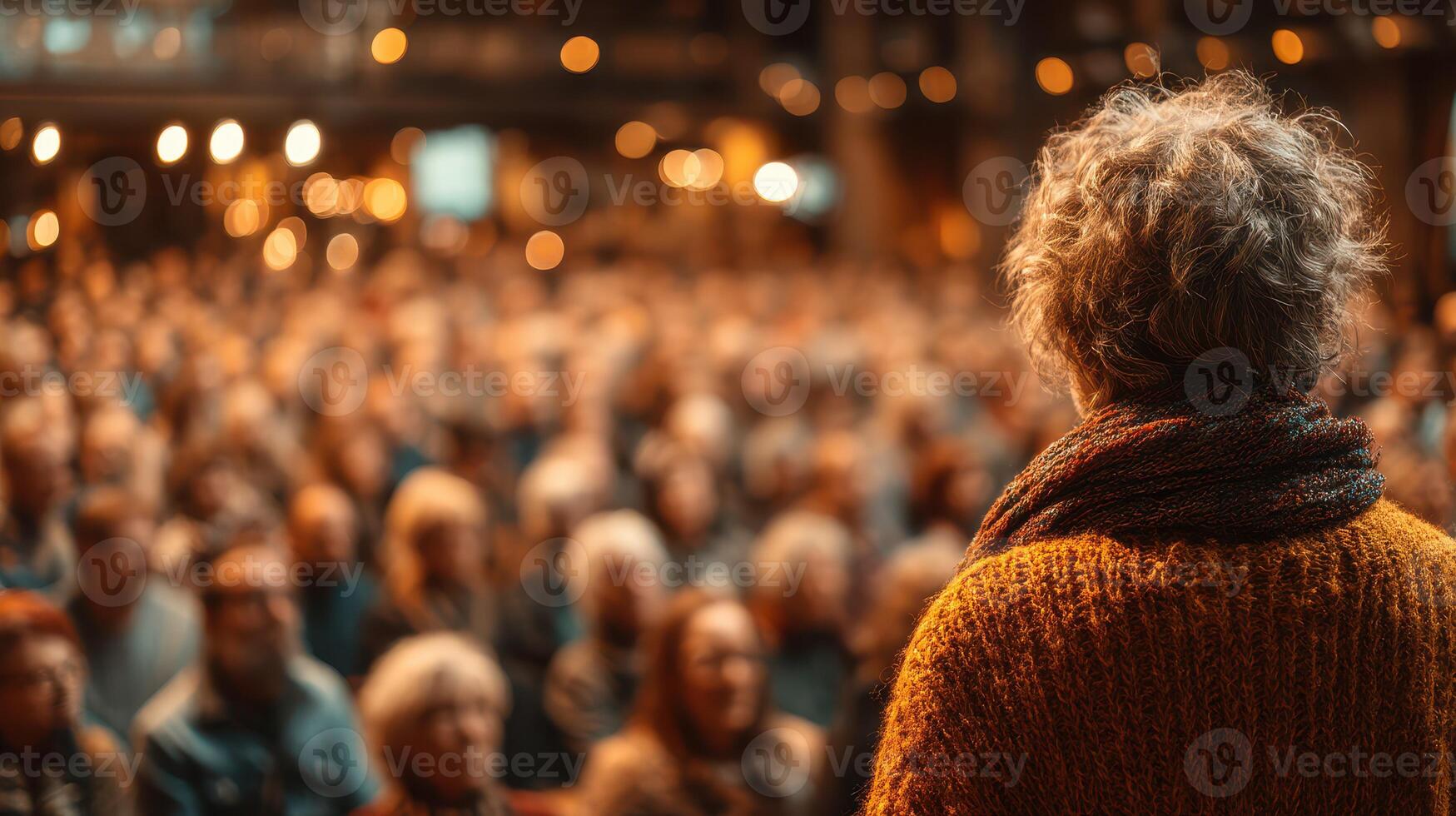 Audience captivated by speaker during an evening lecture in a dimly lit auditorium on a winter night photo