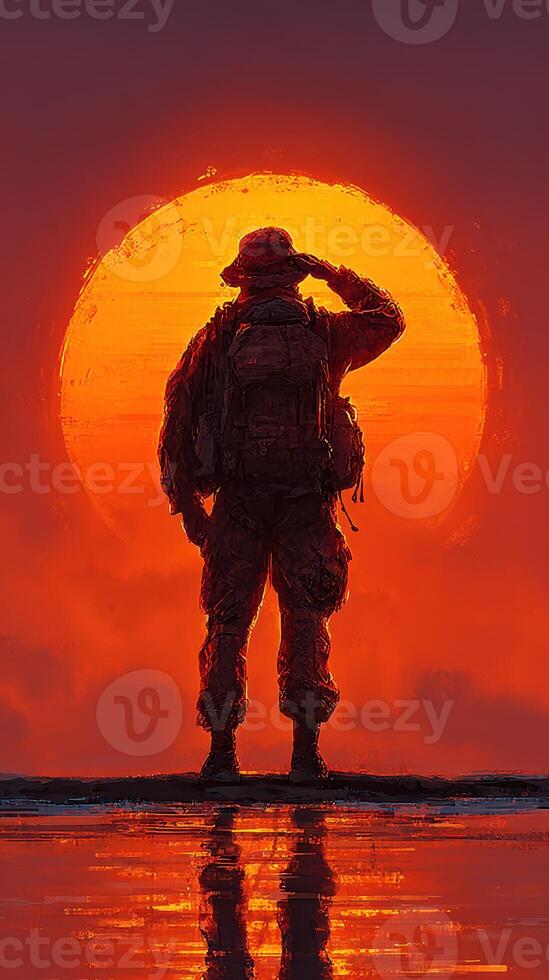 Soldier saluting against a vibrant sunset near a serene water body at dusk photo