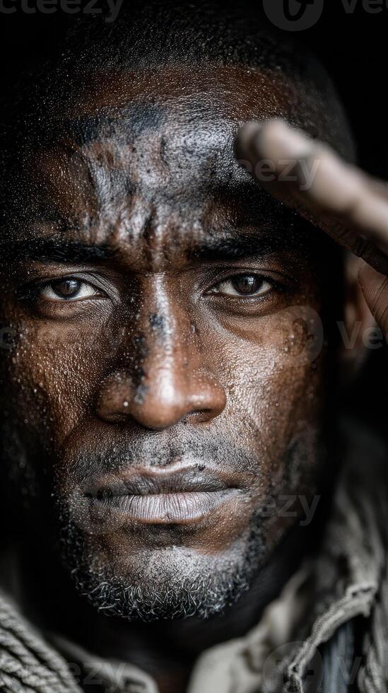 Intense portrait of a weathered man with a strong gaze and battle marks in a dim environment photo