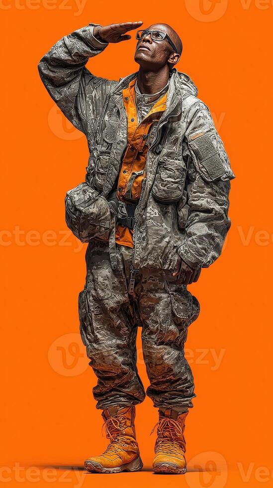 Military personnel saluting in bright orange backdrop during special operations training in urban setting photo