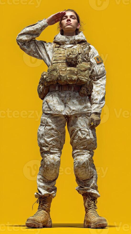 Female soldier saluting in camouflage uniform against a vibrant background in a studio setting during daylight photo