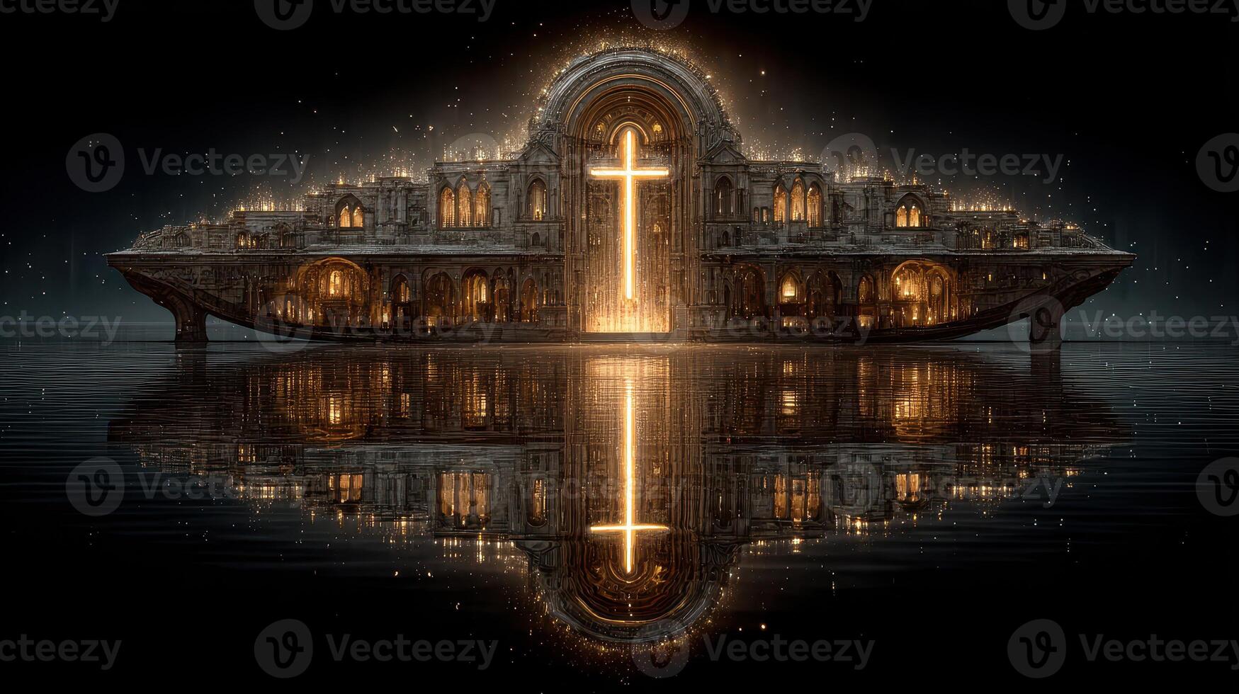 Illuminated structure floating on calm water at night, featuring a large cross and reflections of intricate architecture photo