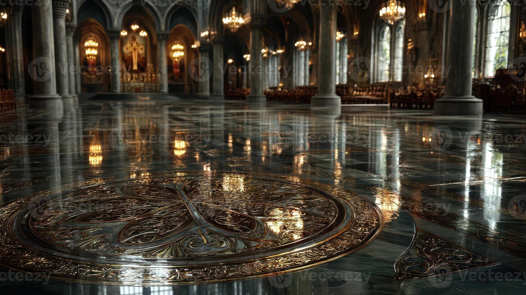 Intricate stained glass windows reflect light in an ornate cathedral with polished marble floors photo