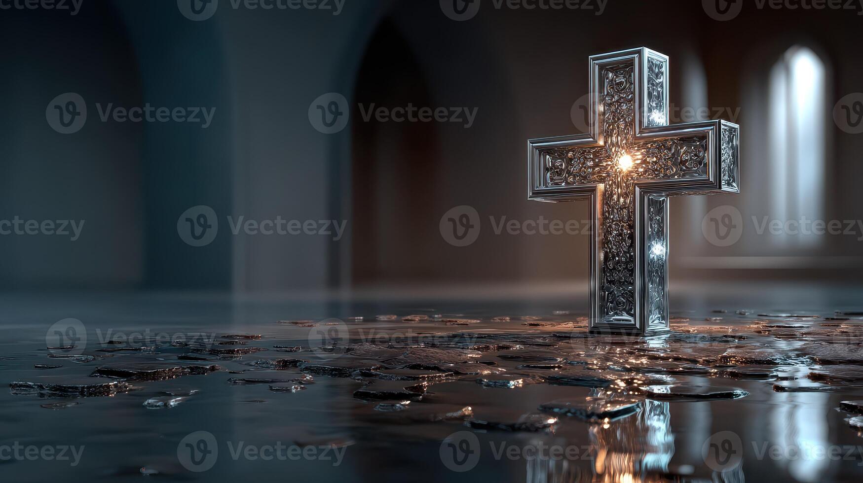 Silver cross illuminated by soft light in a serene, reflective space photo