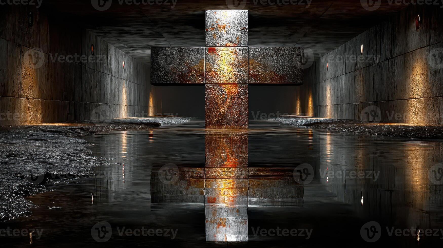 Unique interior view of a dark corridor featuring a large metal cross reflected in still water photo