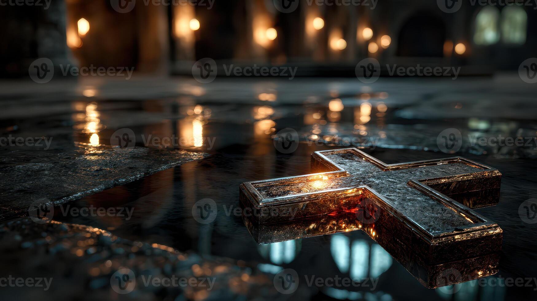 Reflection of a cross in a dimly lit, ancient chapel with flickering candlelight photo