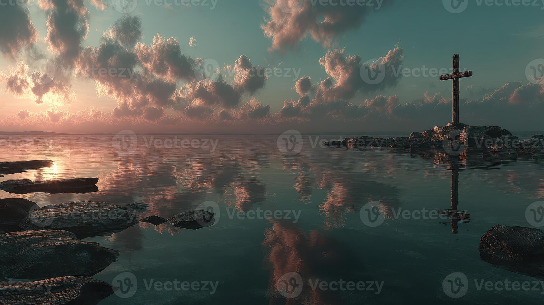 Serene sunset over calm waters featuring a cross on the rocks by the shore photo