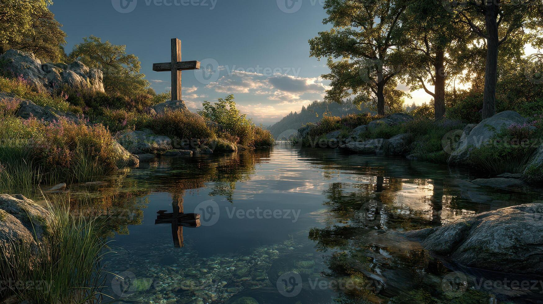 Peaceful river landscape with a wooden cross and tranquil waters at sunset creating a serene atmosphere photo