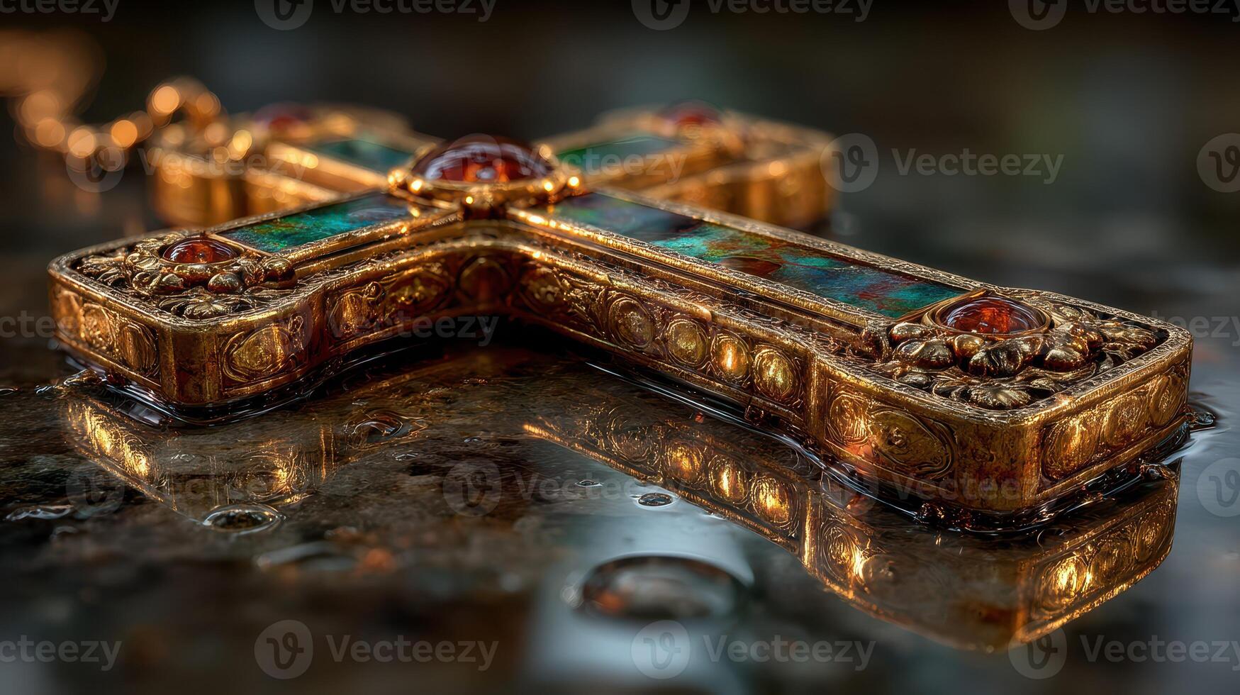Intricate golden cross with turquoise and red details resting on a wet surface in soft lighting photo
