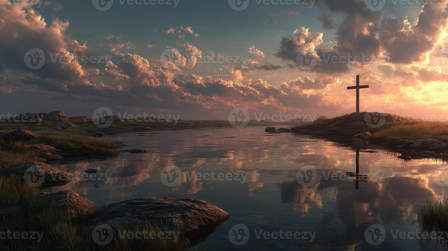 Sunset over a tranquil lake with a cross in the distance surrounded by rocky terrain and lush grass photo