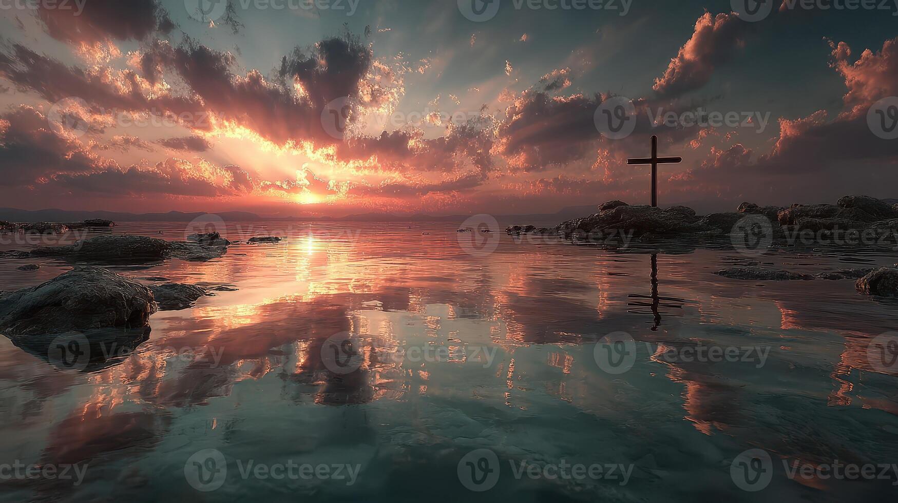 Sunset over calm waters with a cross reflected in the serene landscape in a tranquil coastal setting photo