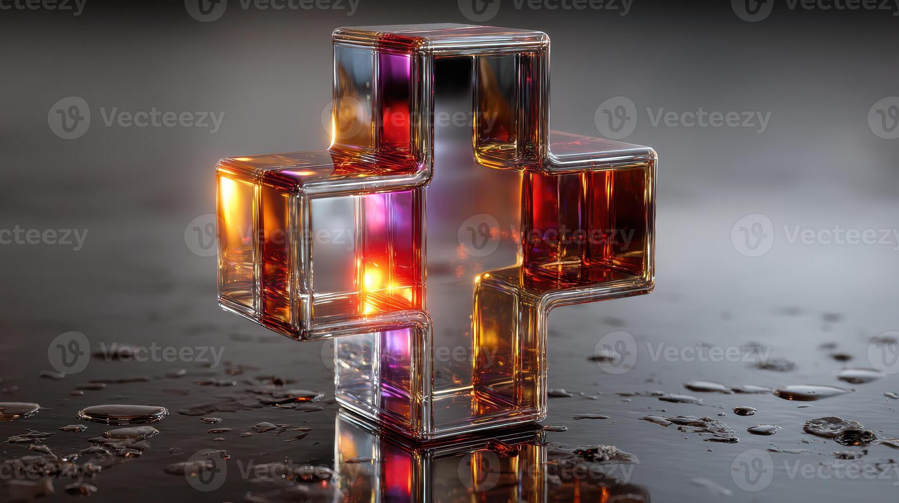 Colorful glass cross illuminated by reflected light on a wet surface in an artistic display photo