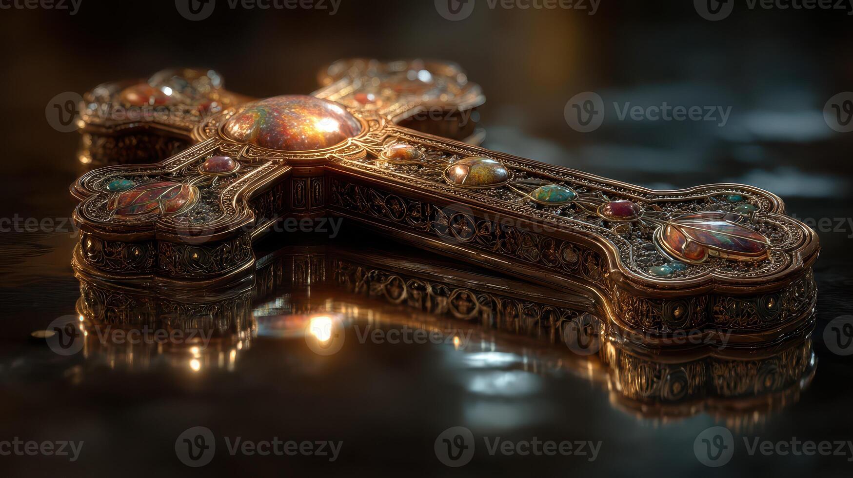 Intricately designed cross with gemstones displayed on a reflective surface in a softly lit room photo