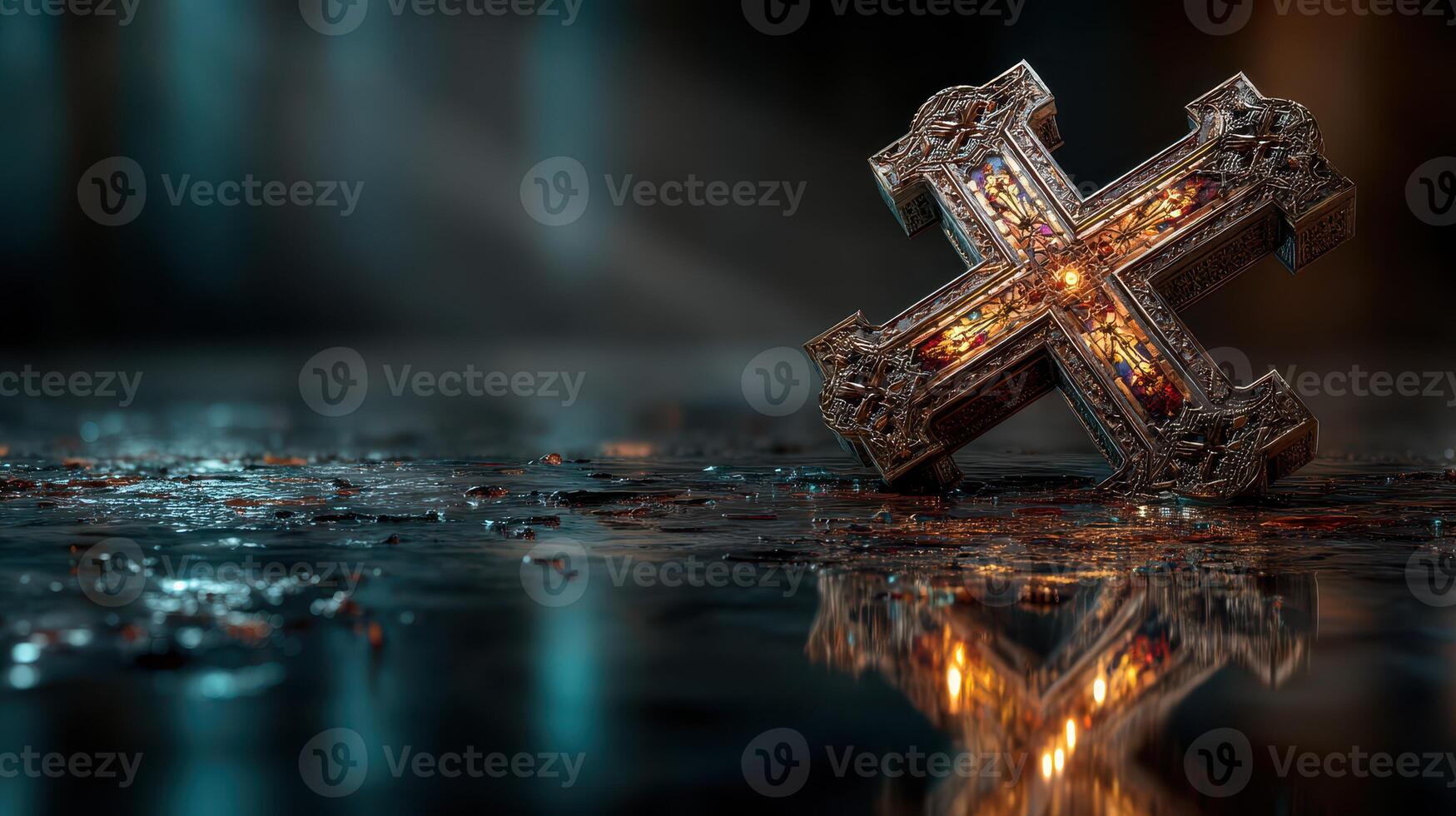 Ornate cross resting on a reflective surface in a dimly lit environment with a mystical ambiance photo