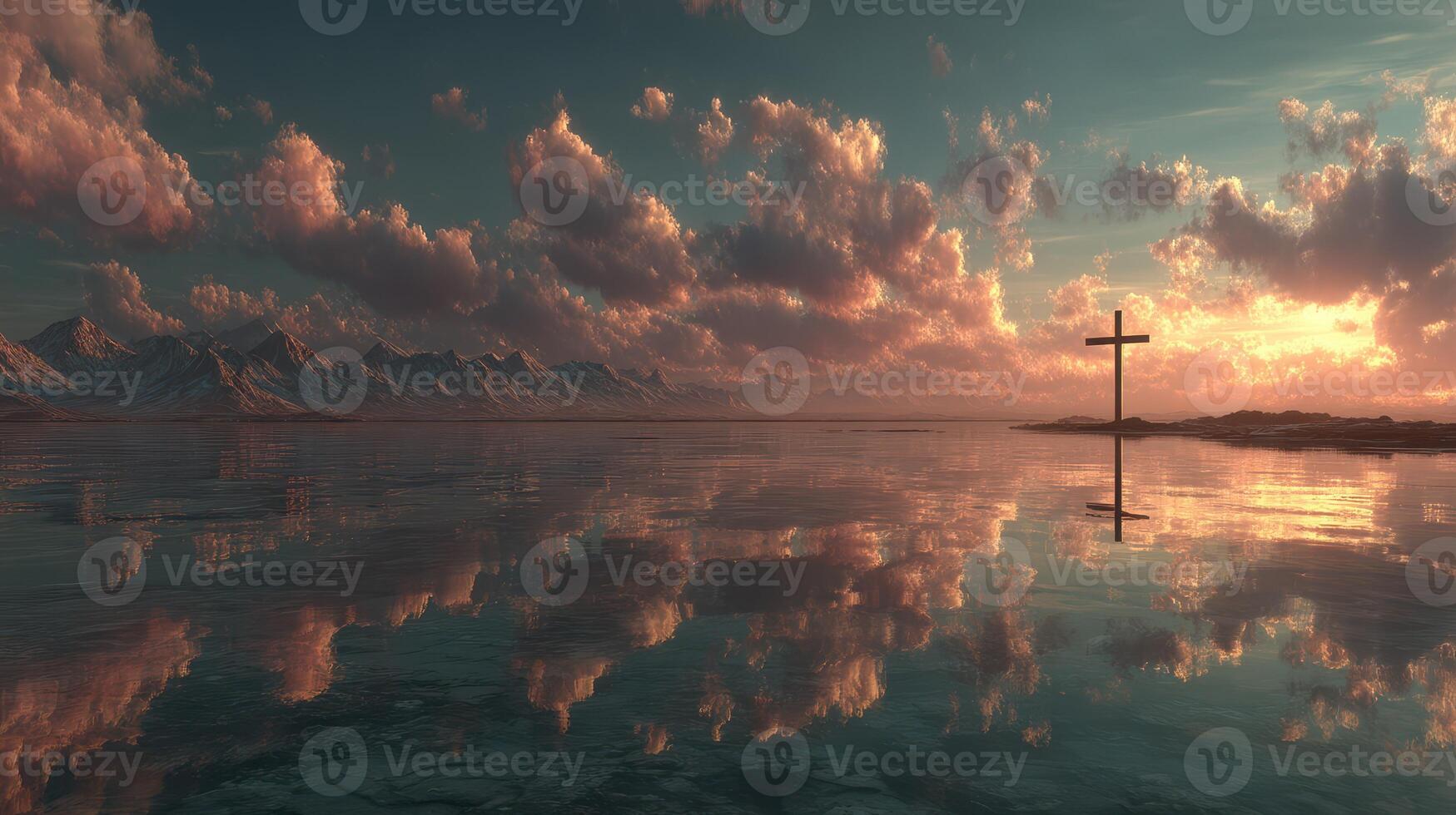 Sunset over calm waters with cross reflection and mountains in the background photo