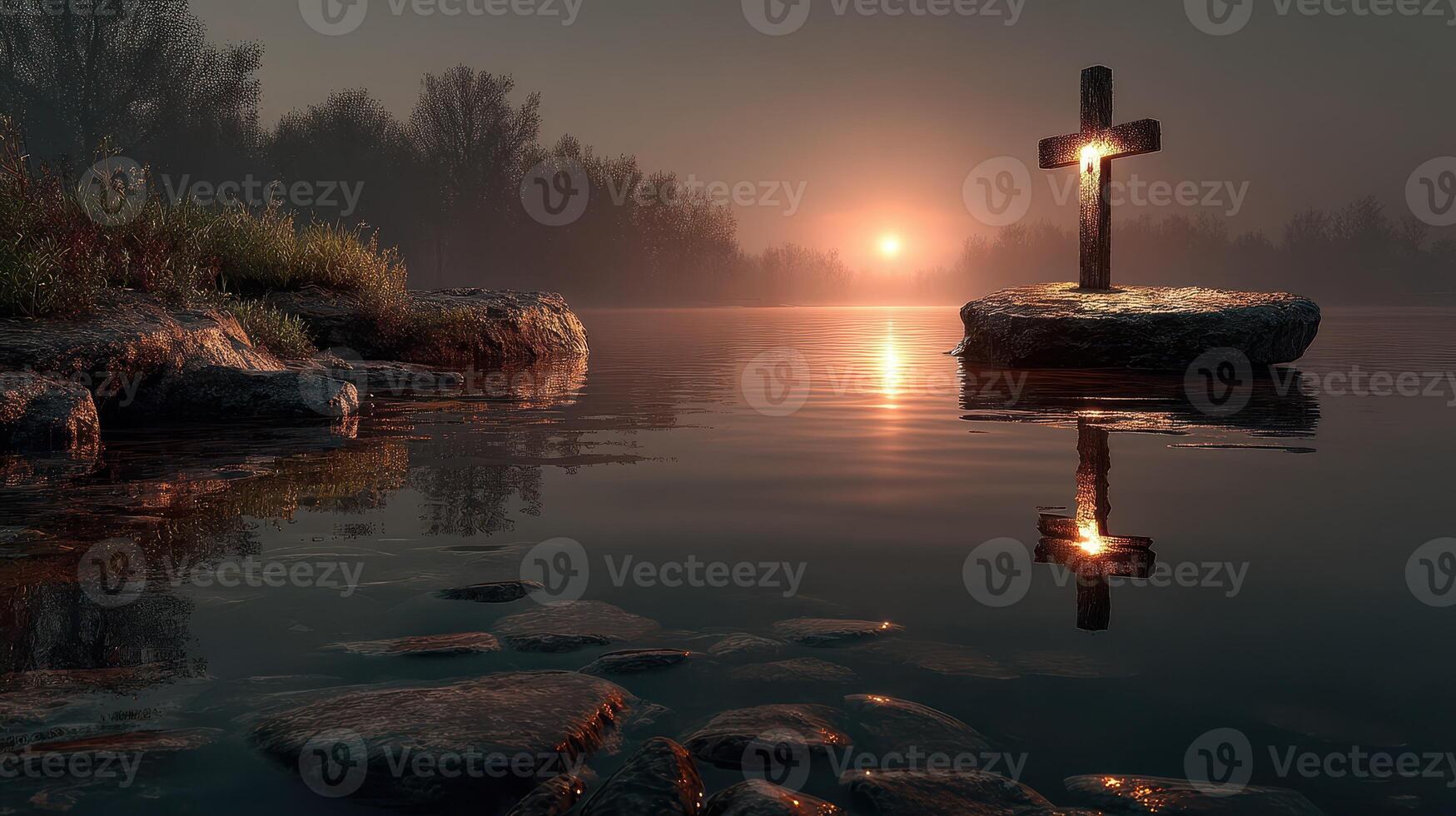 Sunrise over still water with a cross on a rock in the foreground and a serene landscape photo