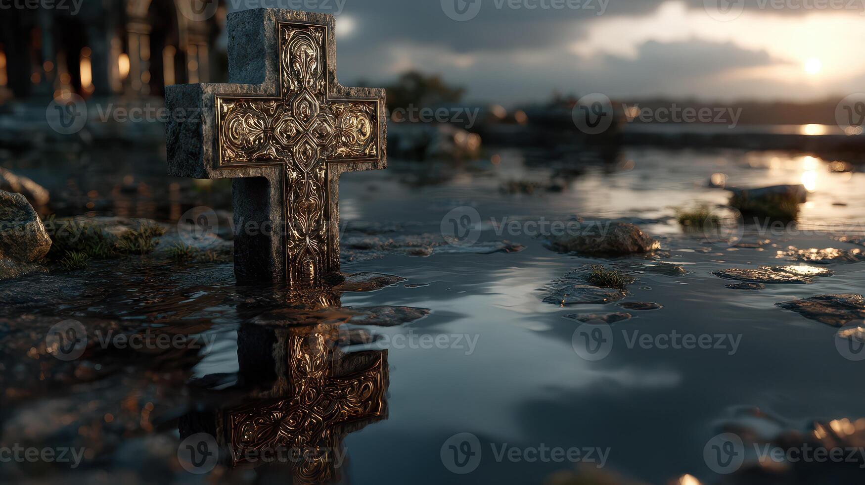 Intricate stone cross emerging from water at sunset near ancient ruins in a serene landscape photo