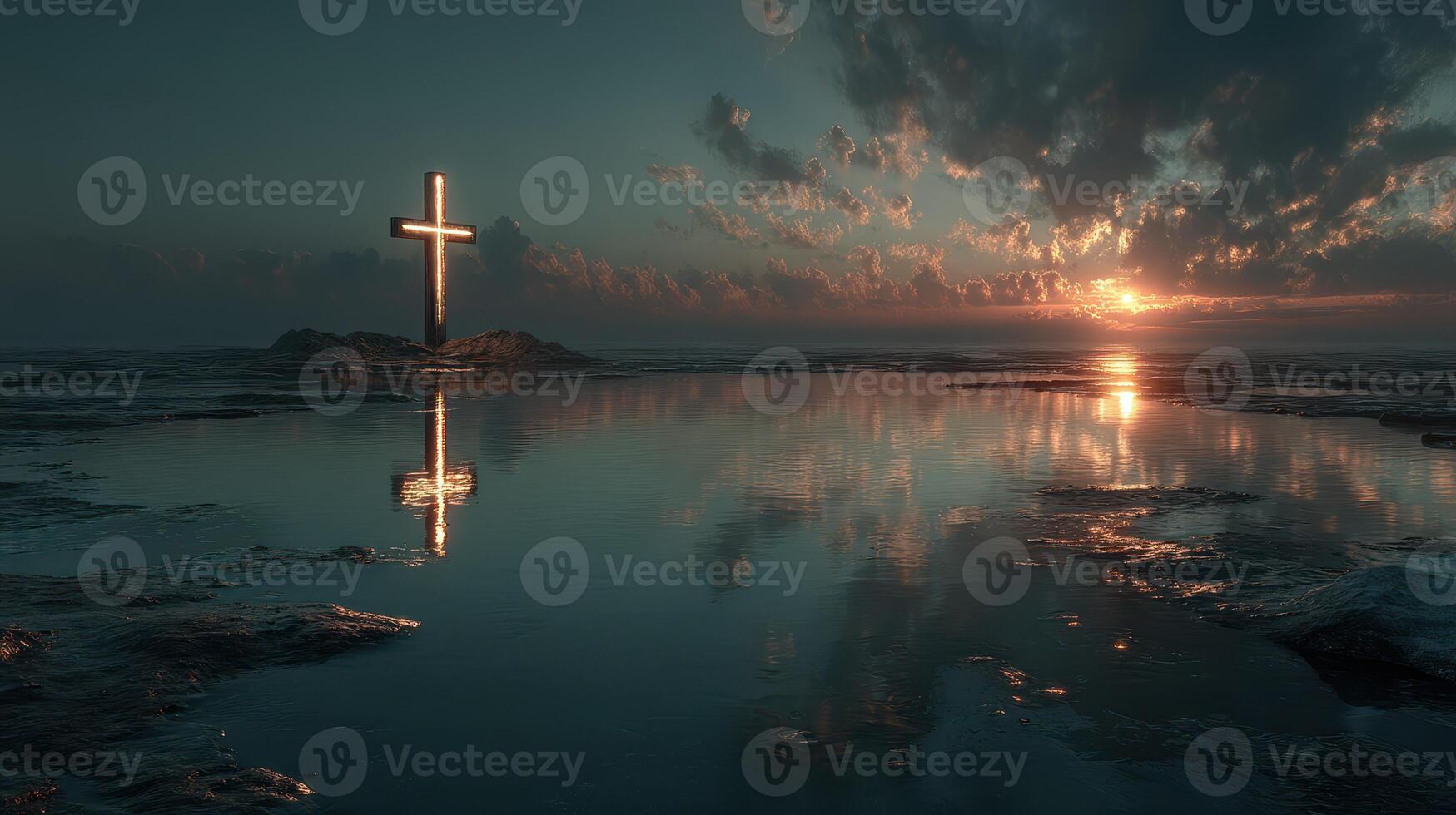 Stunning sunset reflection over water with illuminated cross at serene coastal location photo