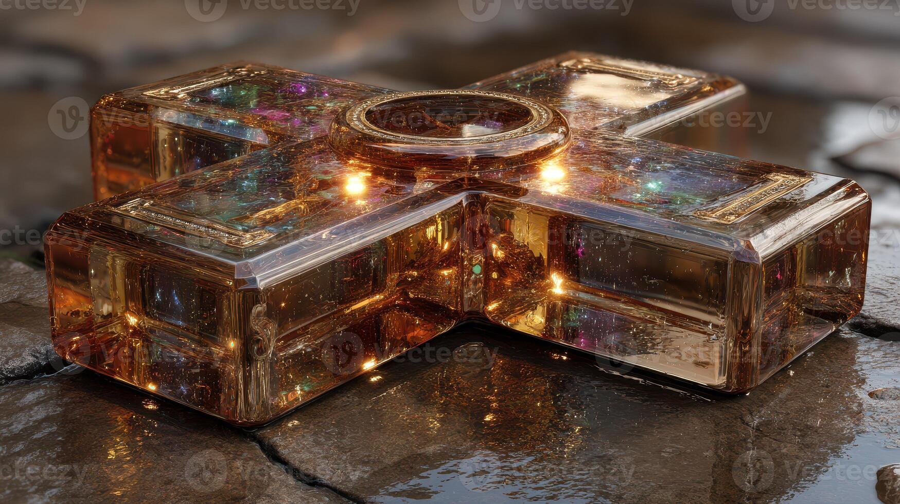 Intricate crystal cross resting on a cobblestone surface illuminated by soft light at dusk photo
