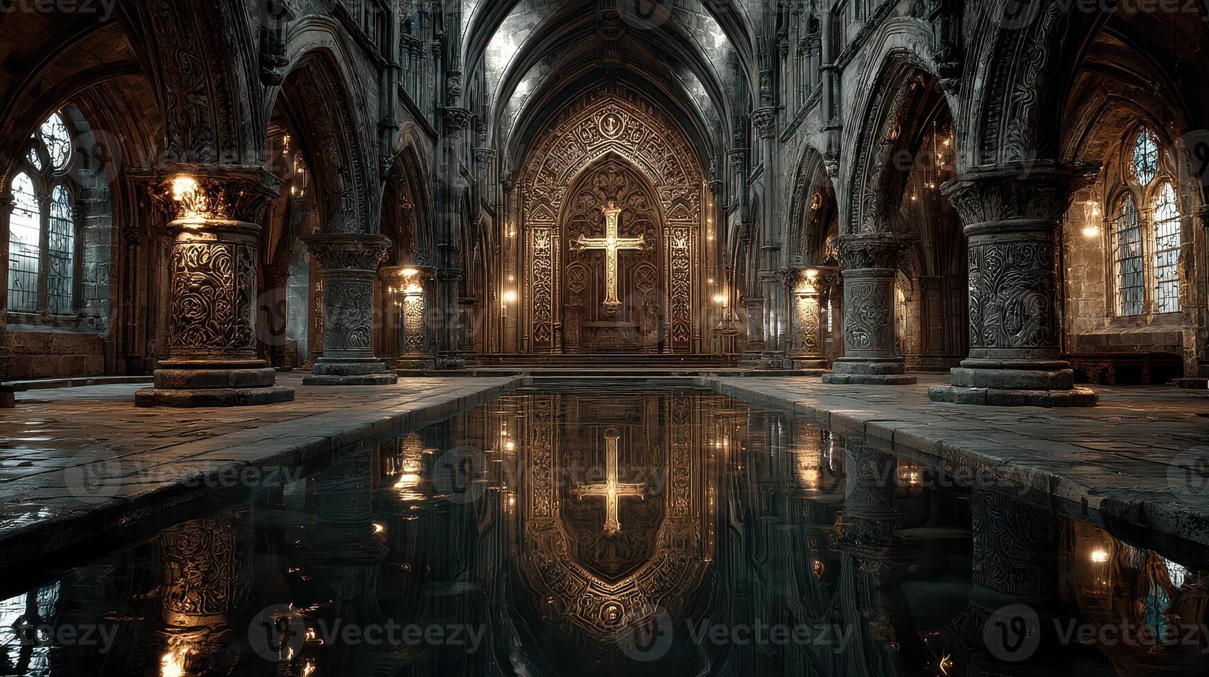 Ancient cathedral interior with detailed stone carvings and reflective water pool at dusk photo