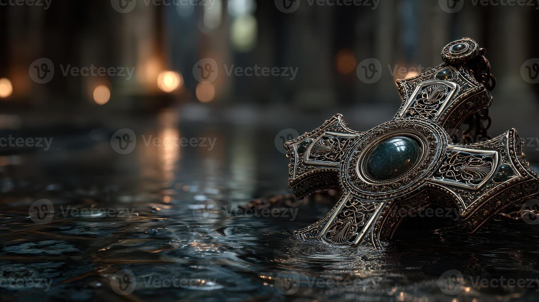 Antique ornate cross resting on reflective water surface in a dimly lit ancient temple photo