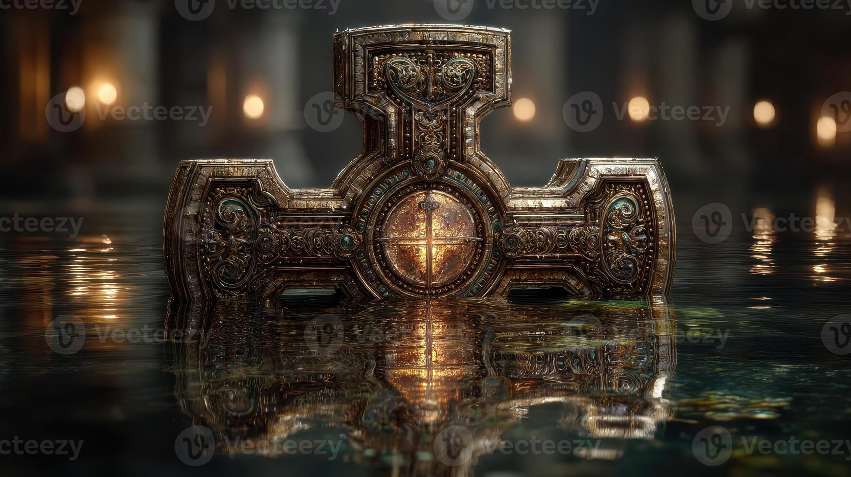 Intricately designed ancient artifact partially submerged in calm water at night in a dimly lit environment photo