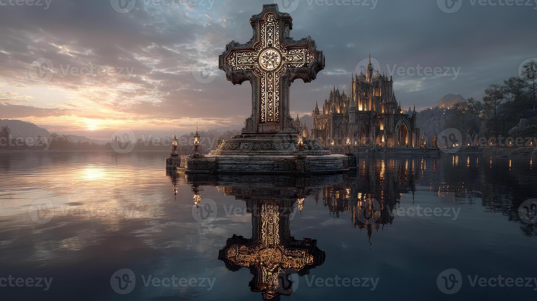 Beautiful Celtic cross stands in tranquil waters at sunrise near an ancient castle, surrounded by mist and nature photo