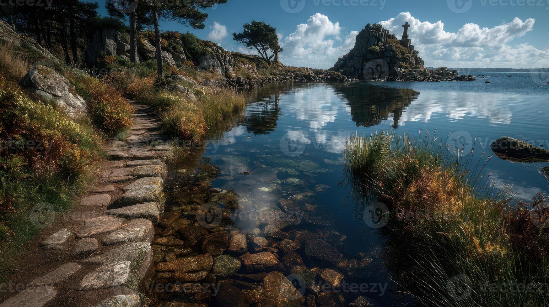 Calm waters reflect cloudy skies near a rocky outcrop with a cross in Brittany at sunset photo