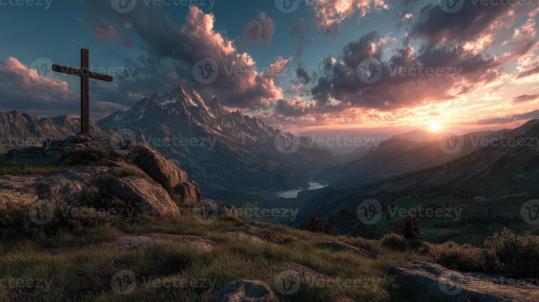 Scenic sunset view over mountains with cross silhouette in foreground photo