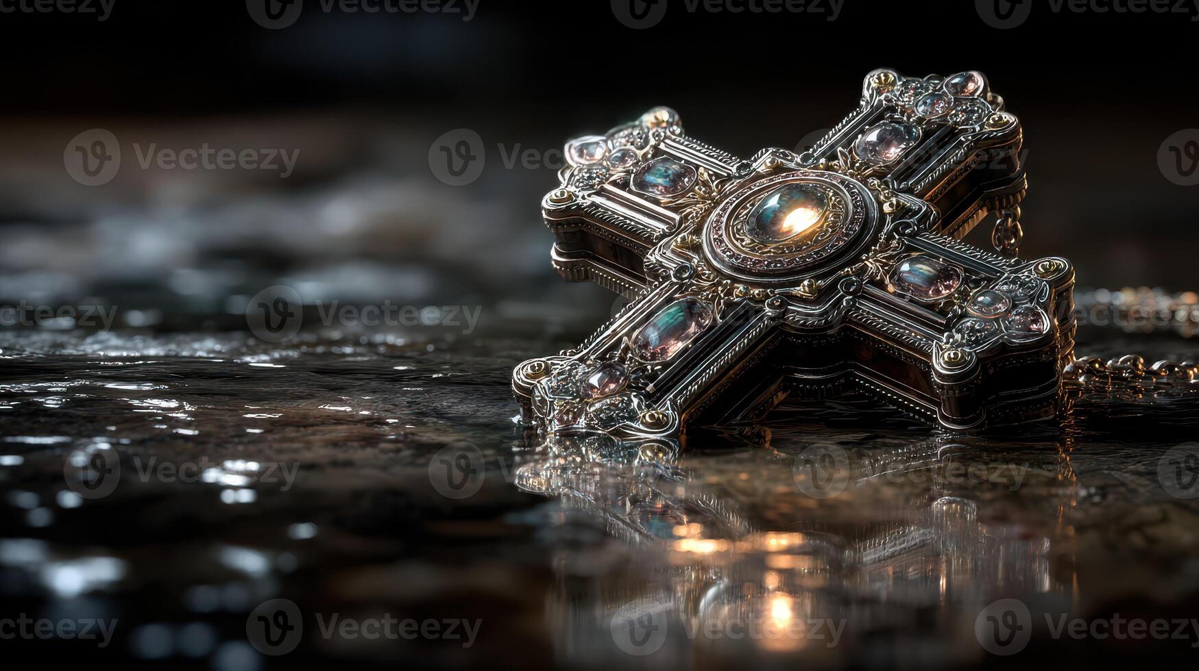 Jewelry piece with intricate design reflecting light on a dark surface during a quiet moment of contemplation photo