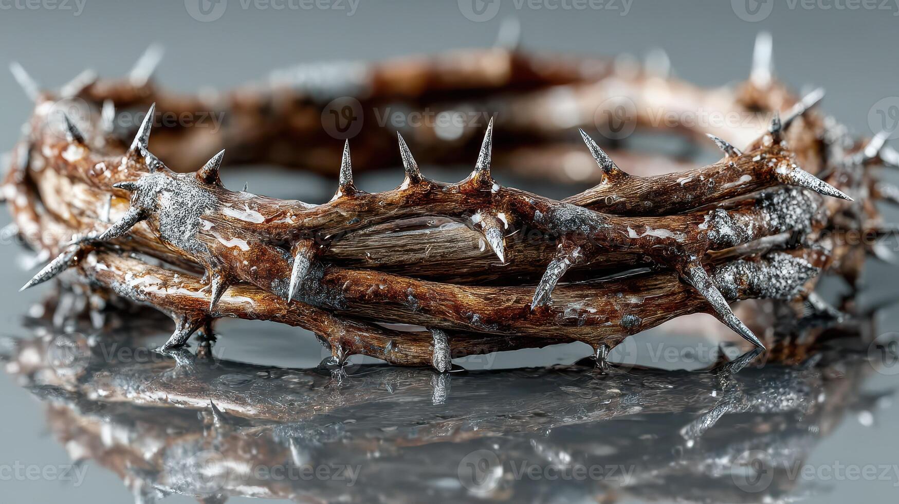 Crown made of thorns resting on a reflective surface in a minimalistic setting, highlighting intricate details and textures photo