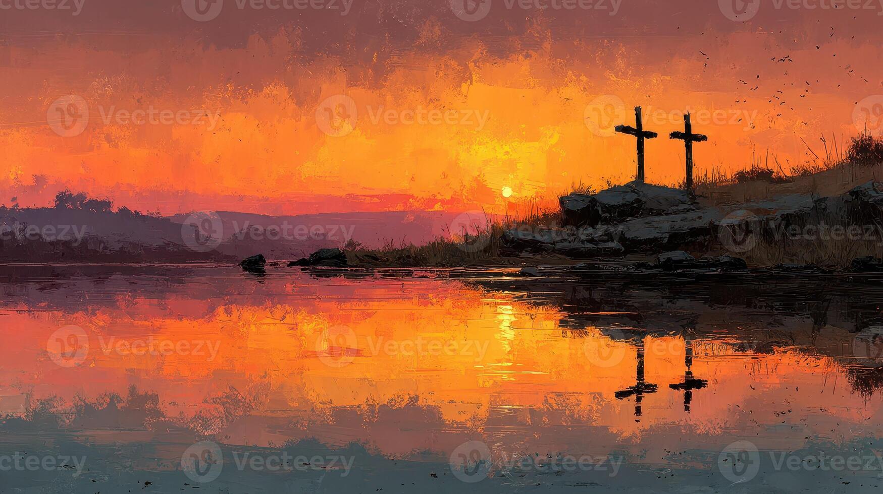 Sunrise over tranquil lake with crosses reflecting in the water during a serene morning photo