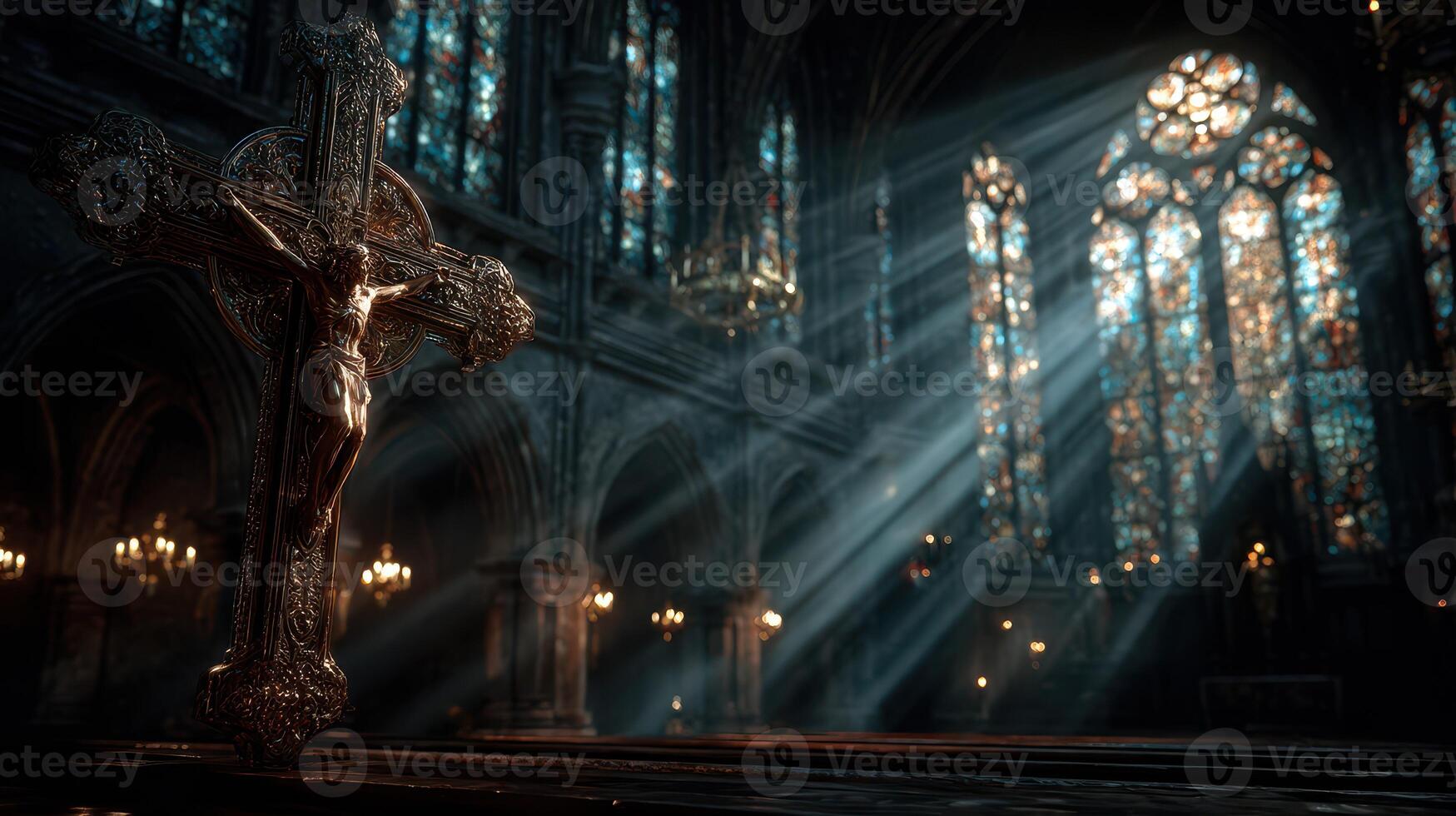Light streams through stained glass in a historic church featuring a crucifix on an altar photo