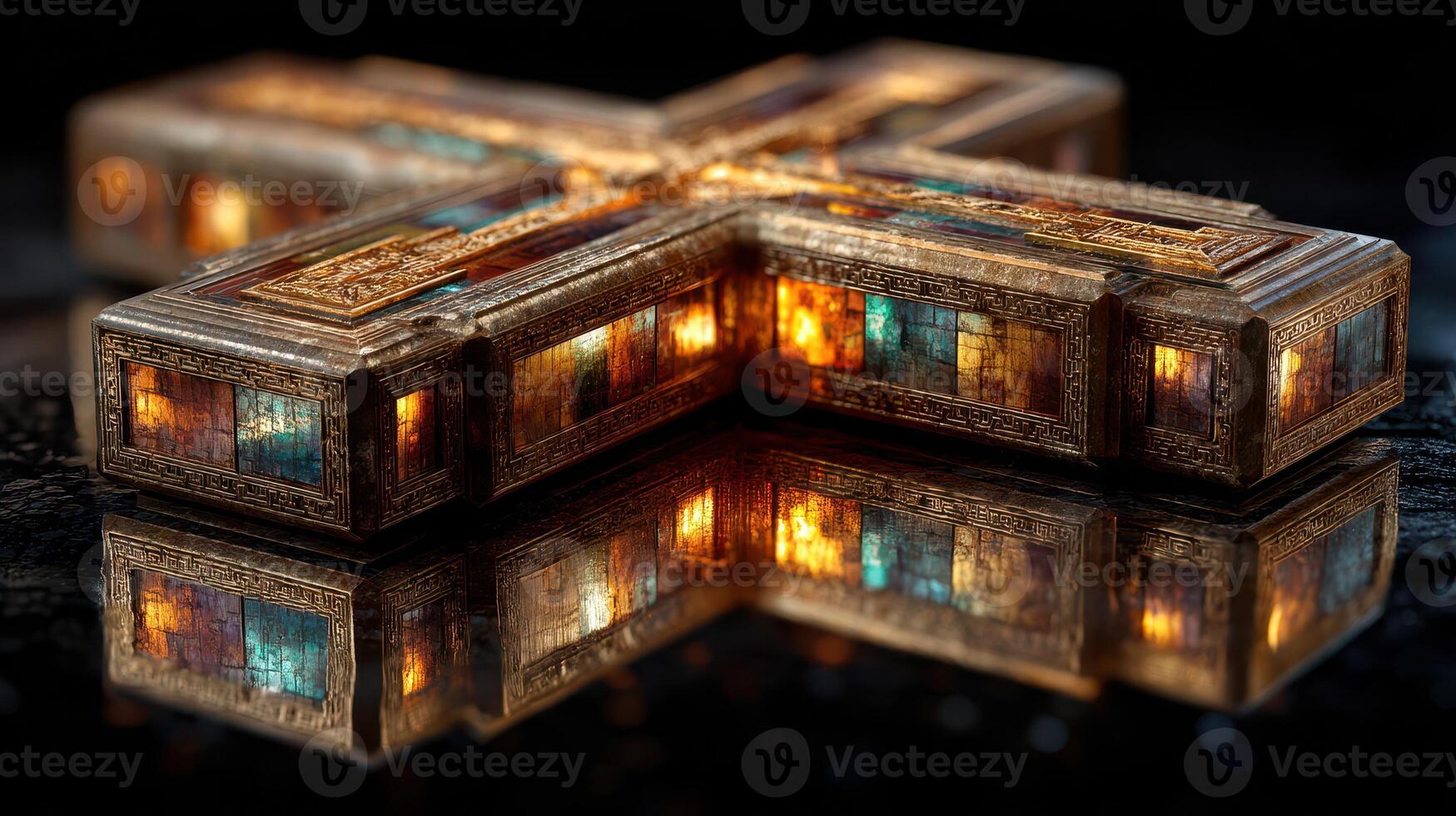 Beautifully crafted ornate cross with glowing elements displayed on a reflective surface photo
