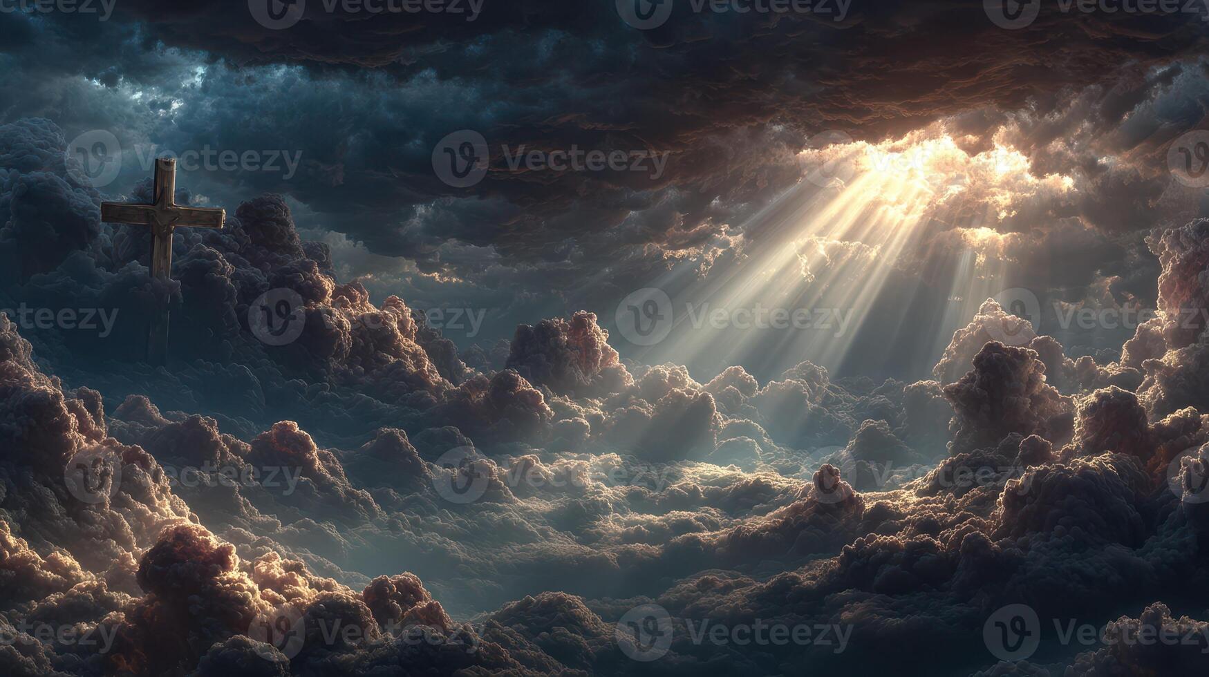 Dramatic sky with rays of light shining through clouds and a distant cross at sunset photo