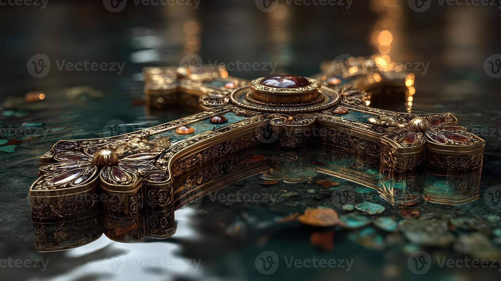 Ornate golden cross resting in tranquil water with reflective surface and detailed carvings photo