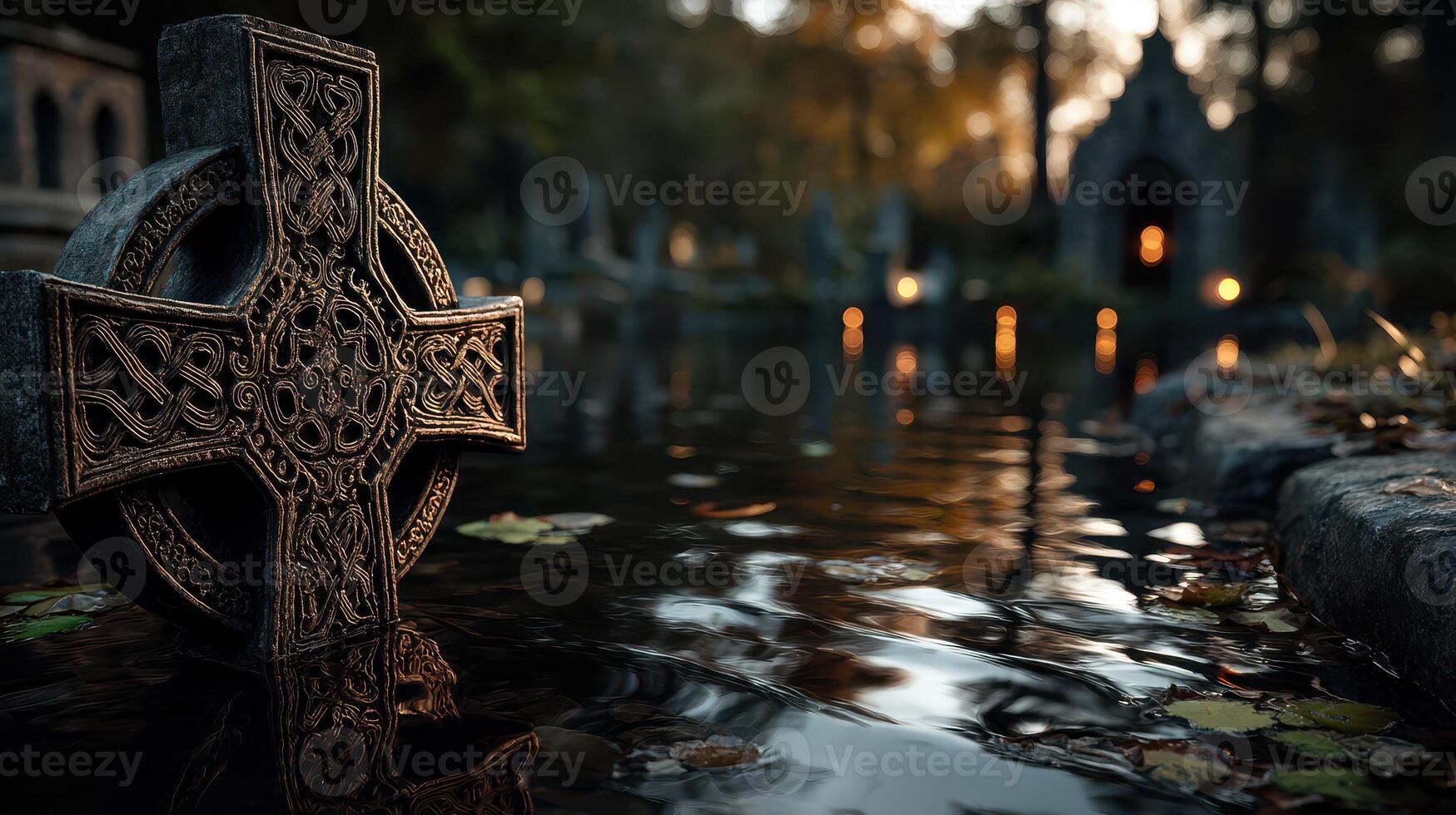 Celtic cross situated by a serene pond in an ancient cemetery surrounded by autumn foliage during twilight photo