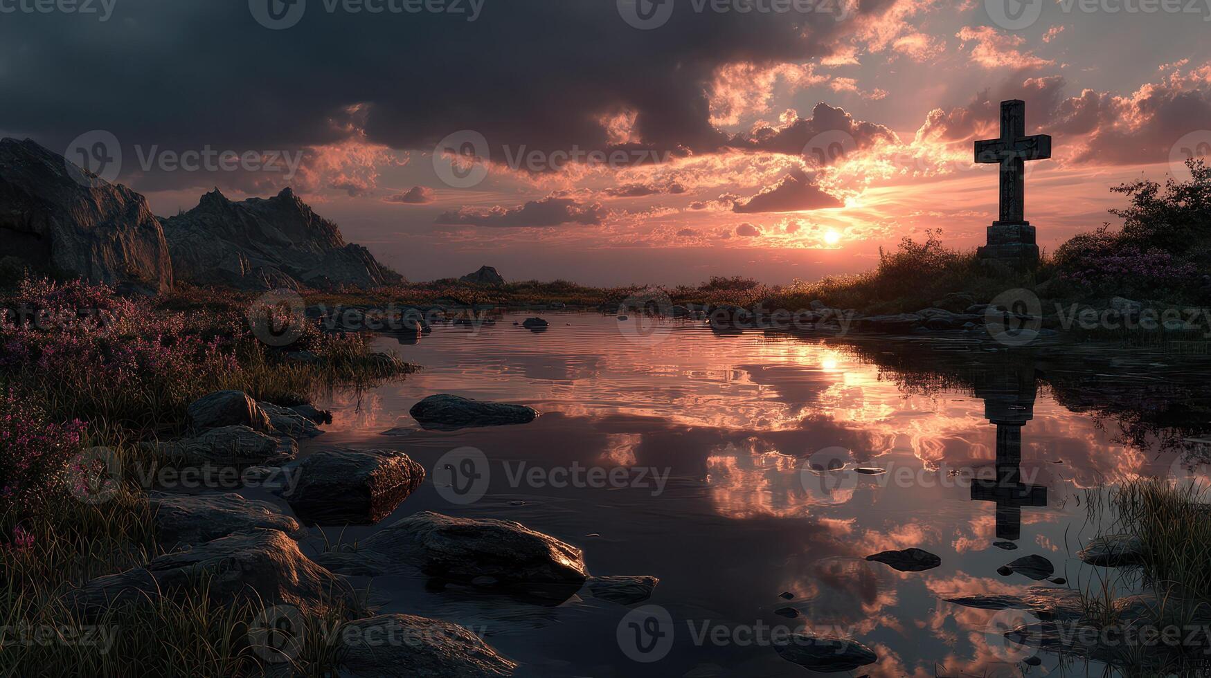 Serene sunset over a peaceful landscape with a cross and reflective water at a quiet location photo