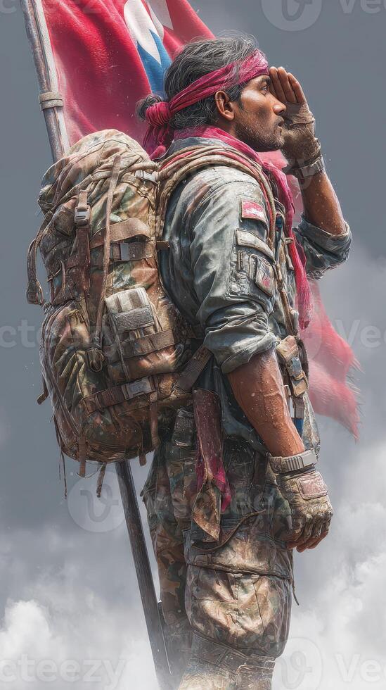 Soldier in camo gear salutes with flag waving in the background during a cloudy day photo