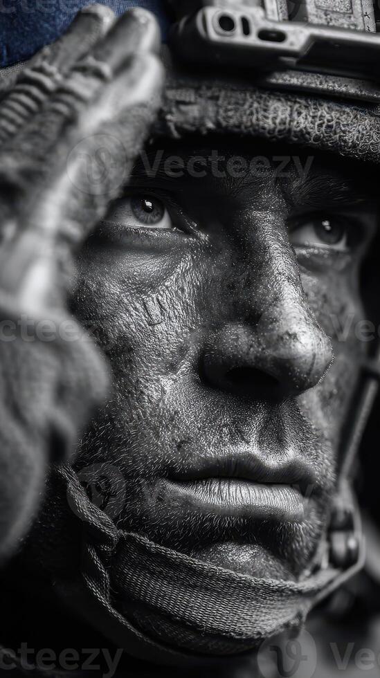 Soldier saluting with determination while covered in dirt during military training exercise in a forested area photo