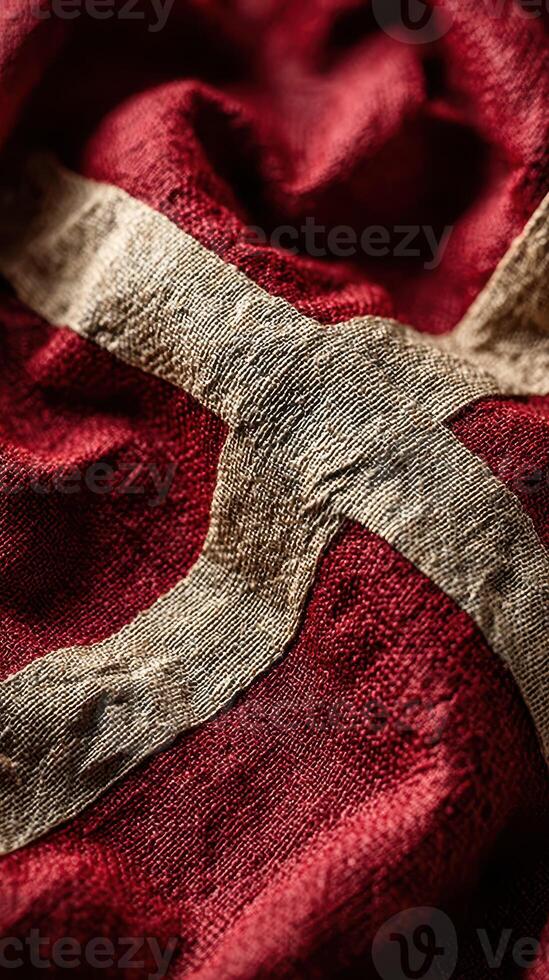 Detailed close-up of textured fabric with distinctive red and beige pattern showcasing craftsmanship photo
